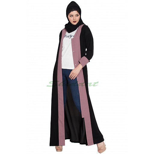 Long Cardigan front open abaya- Black-Puce Pink